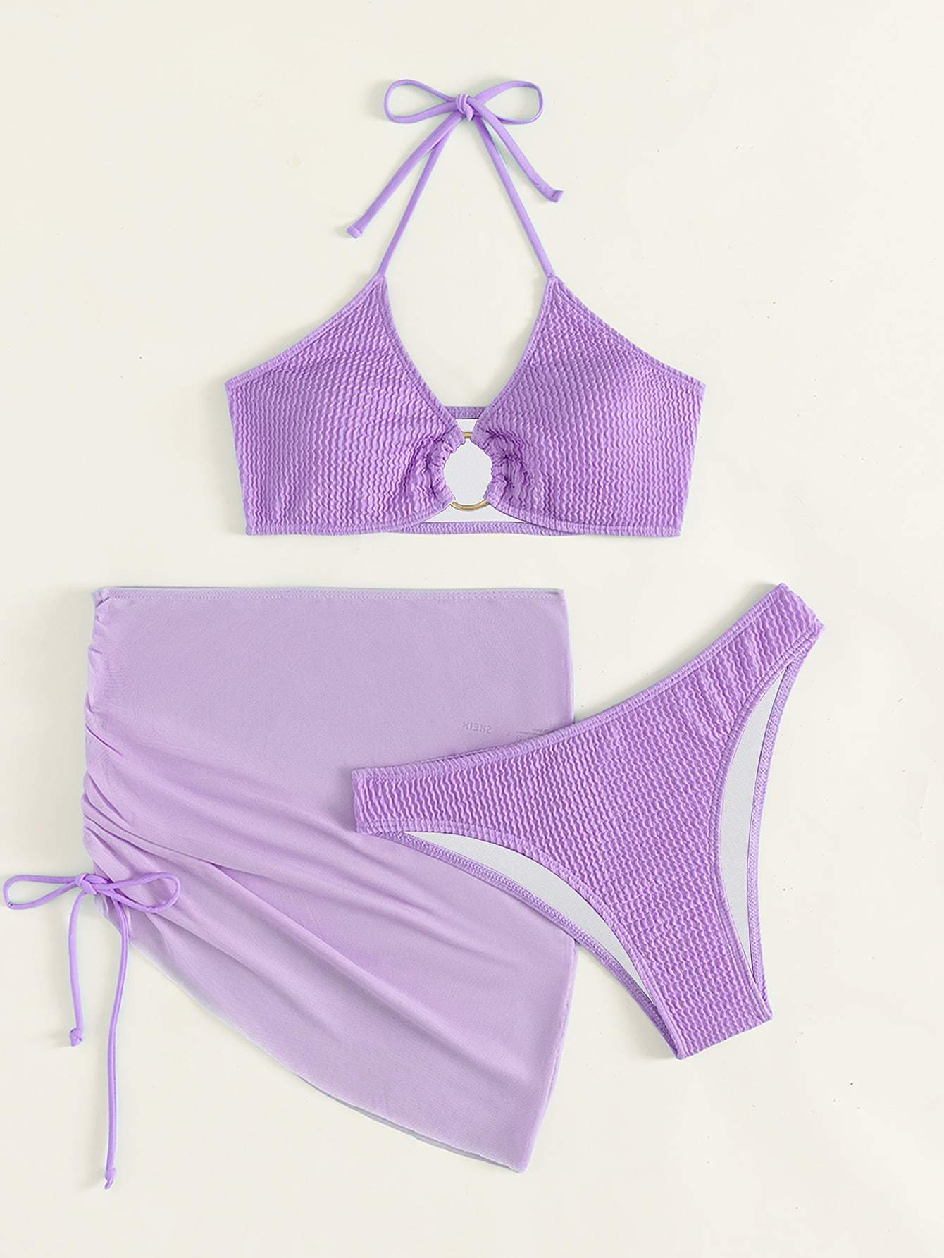 3PACK TEXTURED RING LINKED BIKINI SWIMSUIT WITH BEACH SKIRT - Missyess