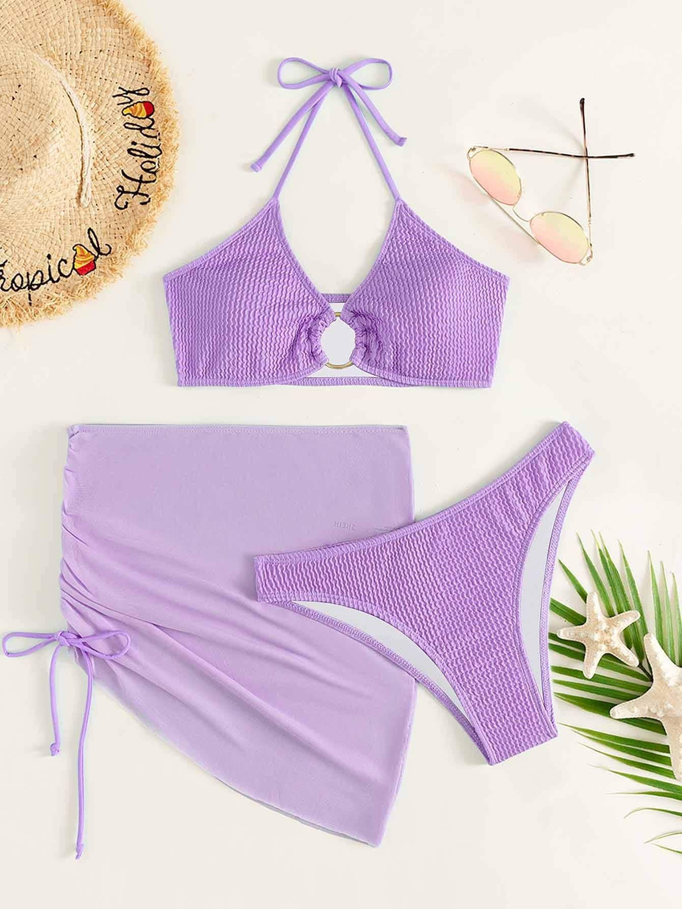 3PACK TEXTURED RING LINKED BIKINI SWIMSUIT WITH BEACH SKIRT - Missyess