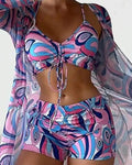 3PCS ALLOVER PRINT DRAWSTRING BIKINI SET WITH COVER UP - Missyess
