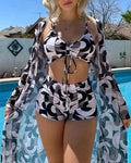 3PCS ALLOVER PRINT DRAWSTRING BIKINI SET WITH COVER UP - Missyess