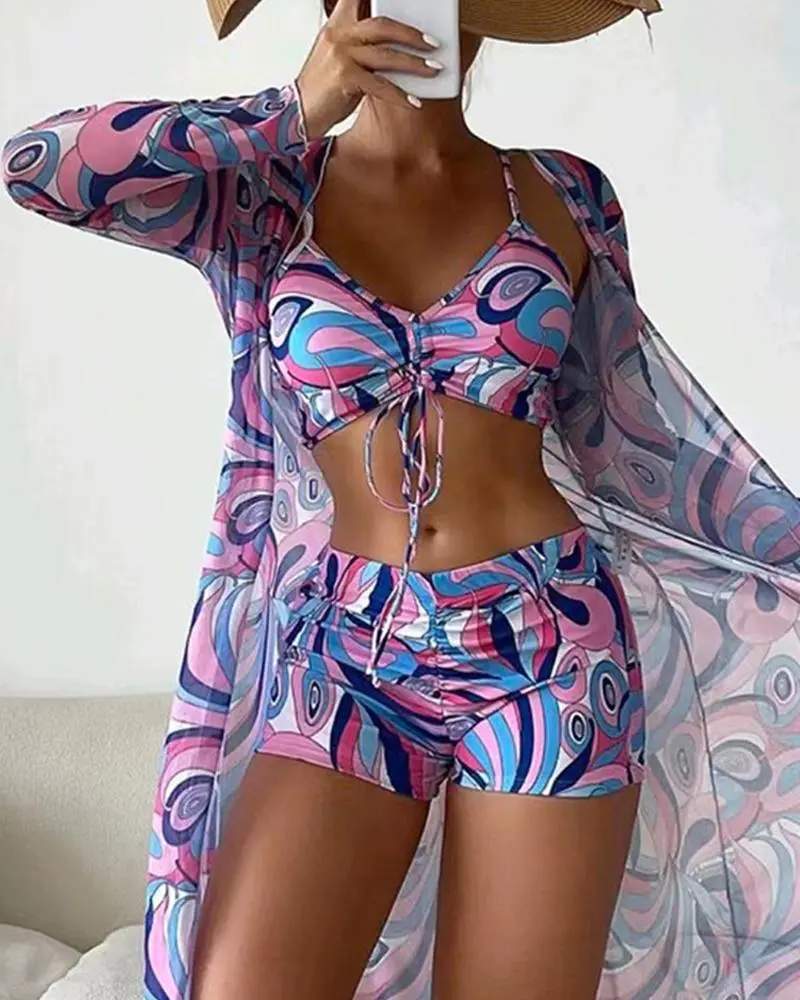 3PCS ALLOVER PRINT DRAWSTRING BIKINI SET WITH COVER UP - Missyess