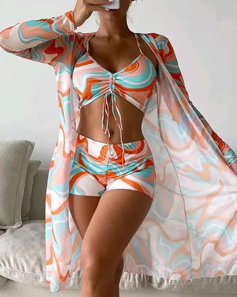 3PCS ALLOVER PRINT DRAWSTRING BIKINI SET WITH COVER UP - Missyess