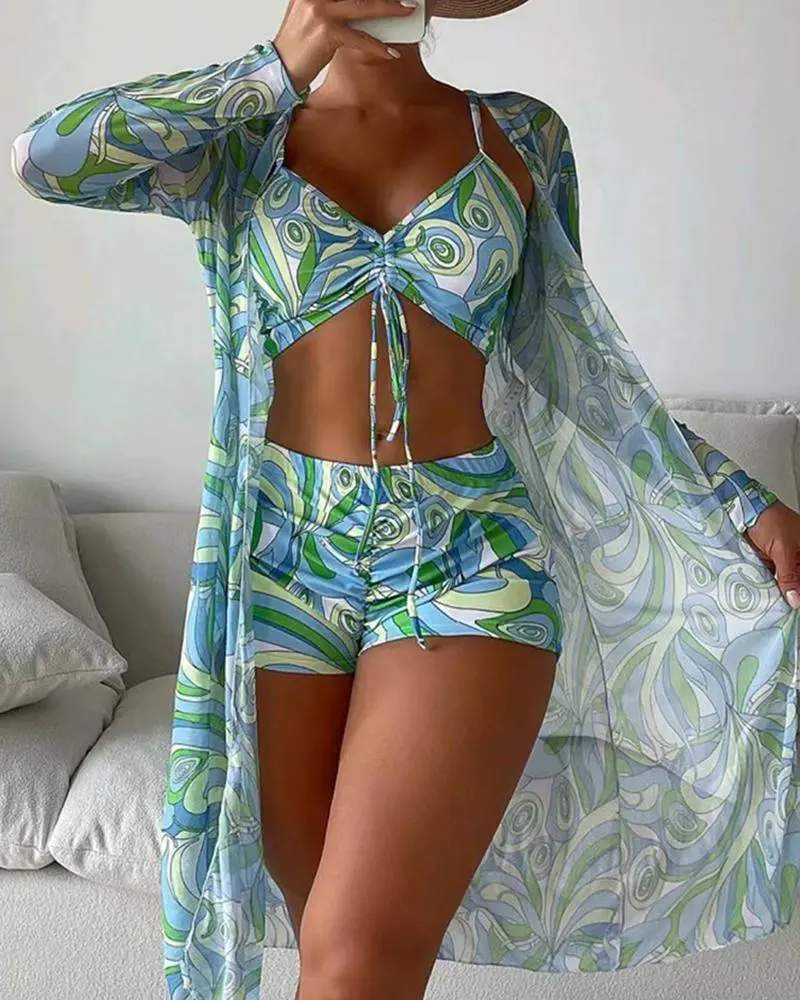 3PCS ALLOVER PRINT DRAWSTRING BIKINI SET WITH COVER UP - Missyess