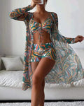 3PCS ALLOVER PRINT DRAWSTRING BIKINI SET WITH COVER UP - Missyess