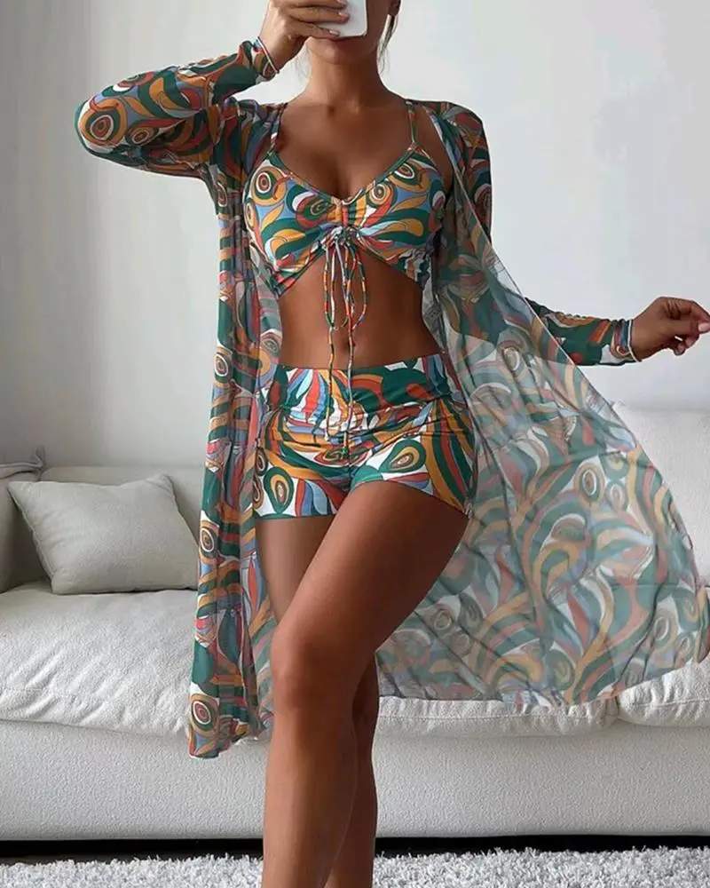 3PCS ALLOVER PRINT DRAWSTRING BIKINI SET WITH COVER UP - Missyess