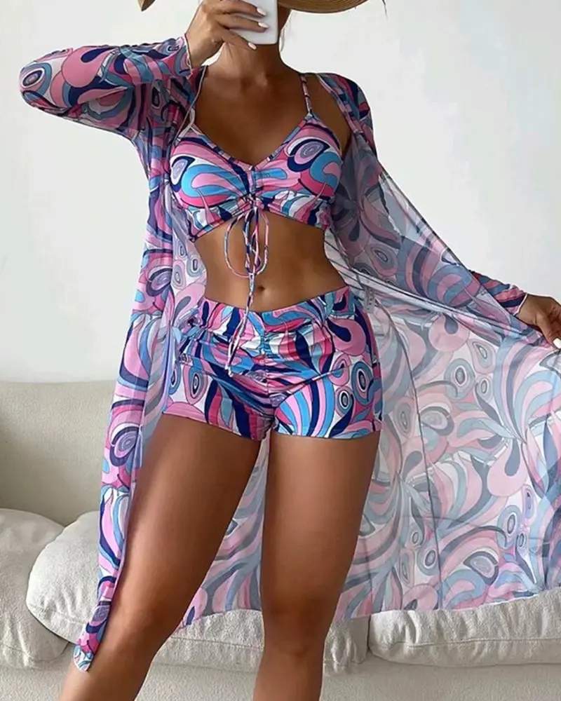 3PCS ALLOVER PRINT DRAWSTRING BIKINI SET WITH COVER UP - Missyess