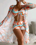 3PCS ALLOVER PRINT DRAWSTRING BIKINI SET WITH COVER UP - Missyess