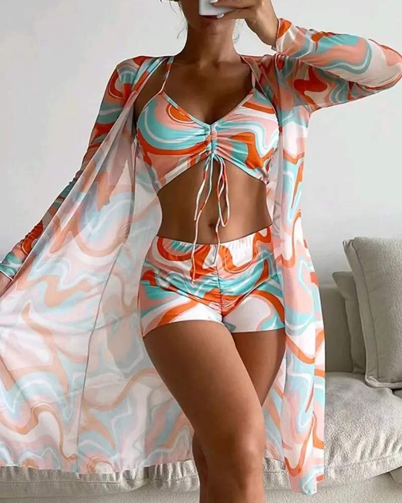 3PCS ALLOVER PRINT DRAWSTRING BIKINI SET WITH COVER UP - Missyess