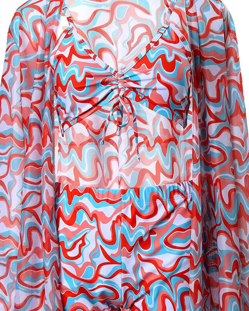 3PCS ALLOVER PRINT DRAWSTRING BIKINI SET WITH COVER UP - Missyess