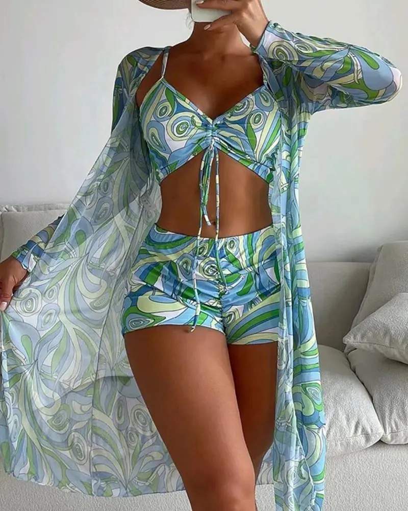 3PCS ALLOVER PRINT DRAWSTRING BIKINI SET WITH COVER UP - Missyess
