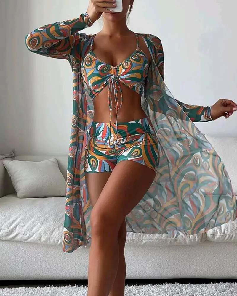 3PCS ALLOVER PRINT DRAWSTRING BIKINI SET WITH COVER UP - Missyess