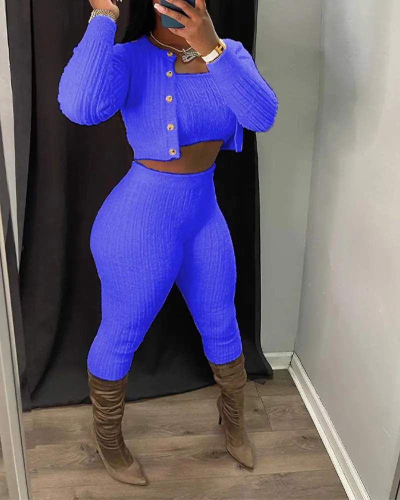 3PCS BANDEAU CROP TOP PANTS SET WITH CARDIGAN - Missyess