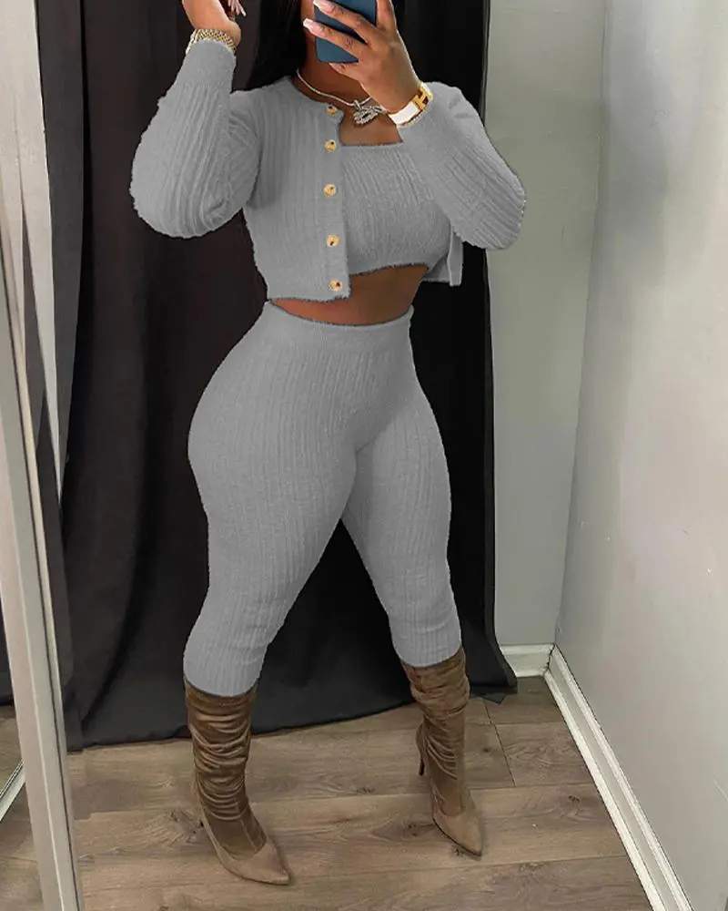 3PCS BANDEAU CROP TOP PANTS SET WITH CARDIGAN - Missyess
