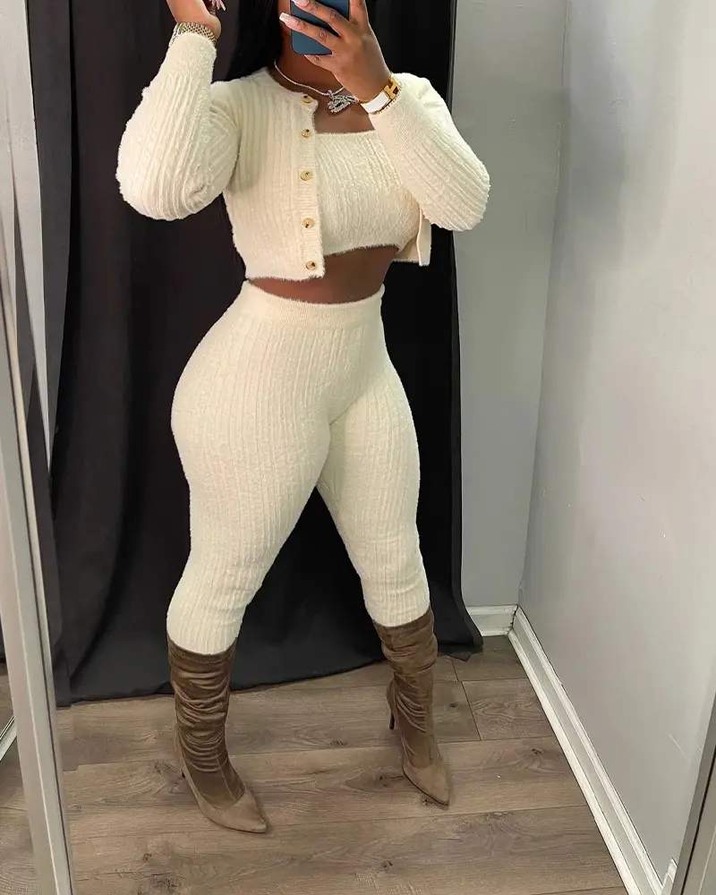 3PCS BANDEAU CROP TOP PANTS SET WITH CARDIGAN - Missyess