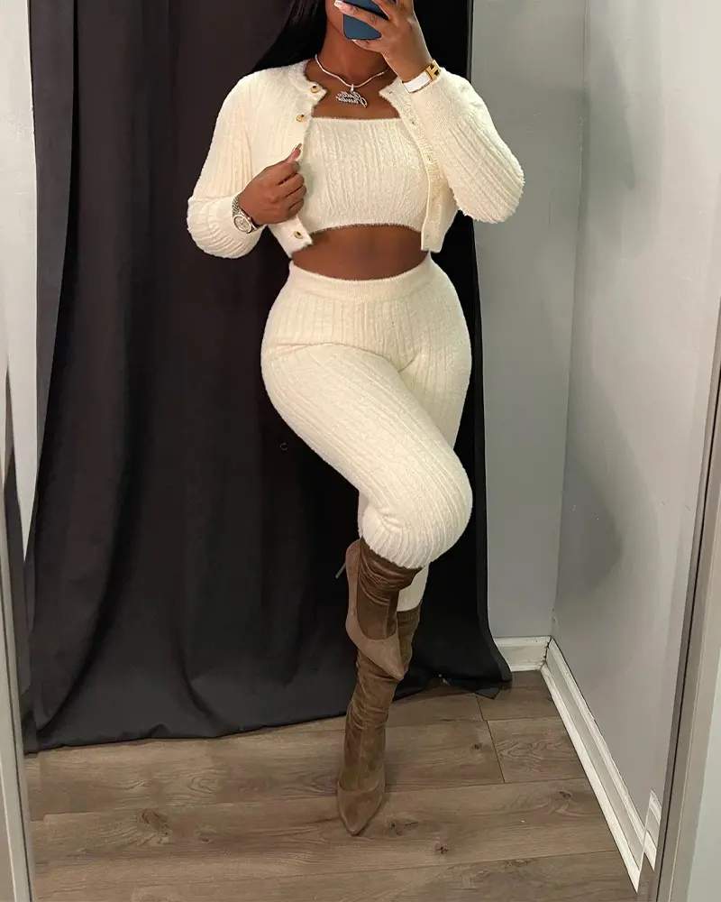 3PCS BANDEAU CROP TOP PANTS SET WITH CARDIGAN - Missyess