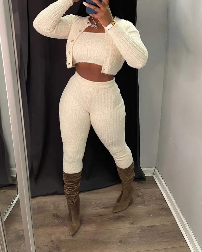 3PCS BANDEAU CROP TOP PANTS SET WITH CARDIGAN - Missyess
