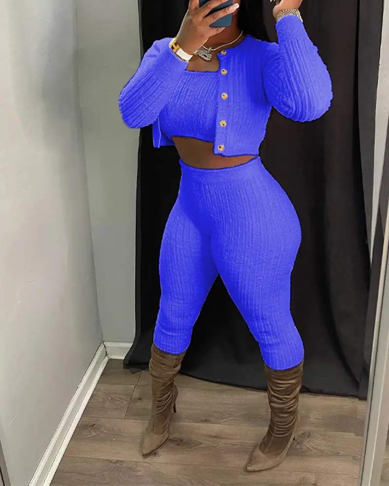 3PCS BANDEAU CROP TOP PANTS SET WITH CARDIGAN - Missyess