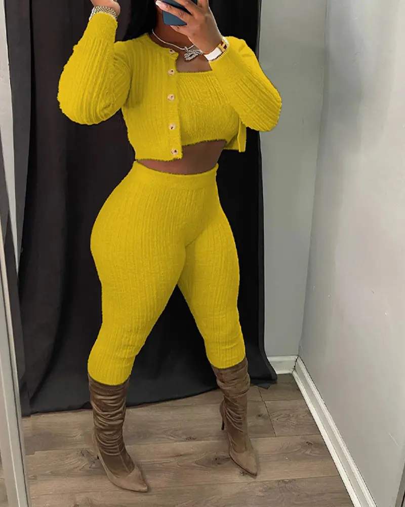 3PCS BANDEAU CROP TOP PANTS SET WITH CARDIGAN - Missyess