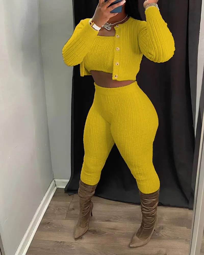 3PCS BANDEAU CROP TOP PANTS SET WITH CARDIGAN - Missyess