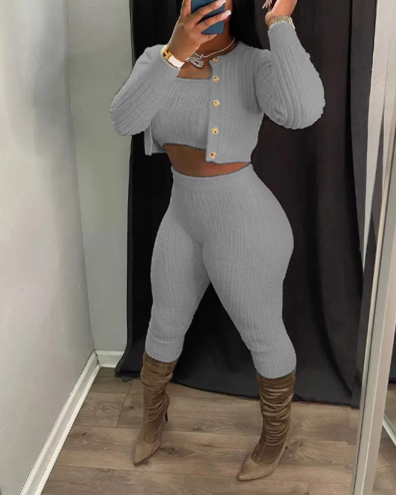 3PCS BANDEAU CROP TOP PANTS SET WITH CARDIGAN - Missyess