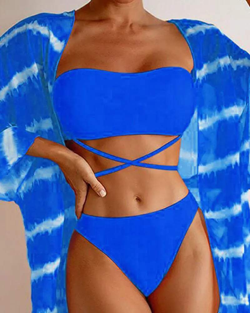 3PCS CRISSCROSS BIKINI SET WITH TIE DYE PRINT COVER UP - Missyess