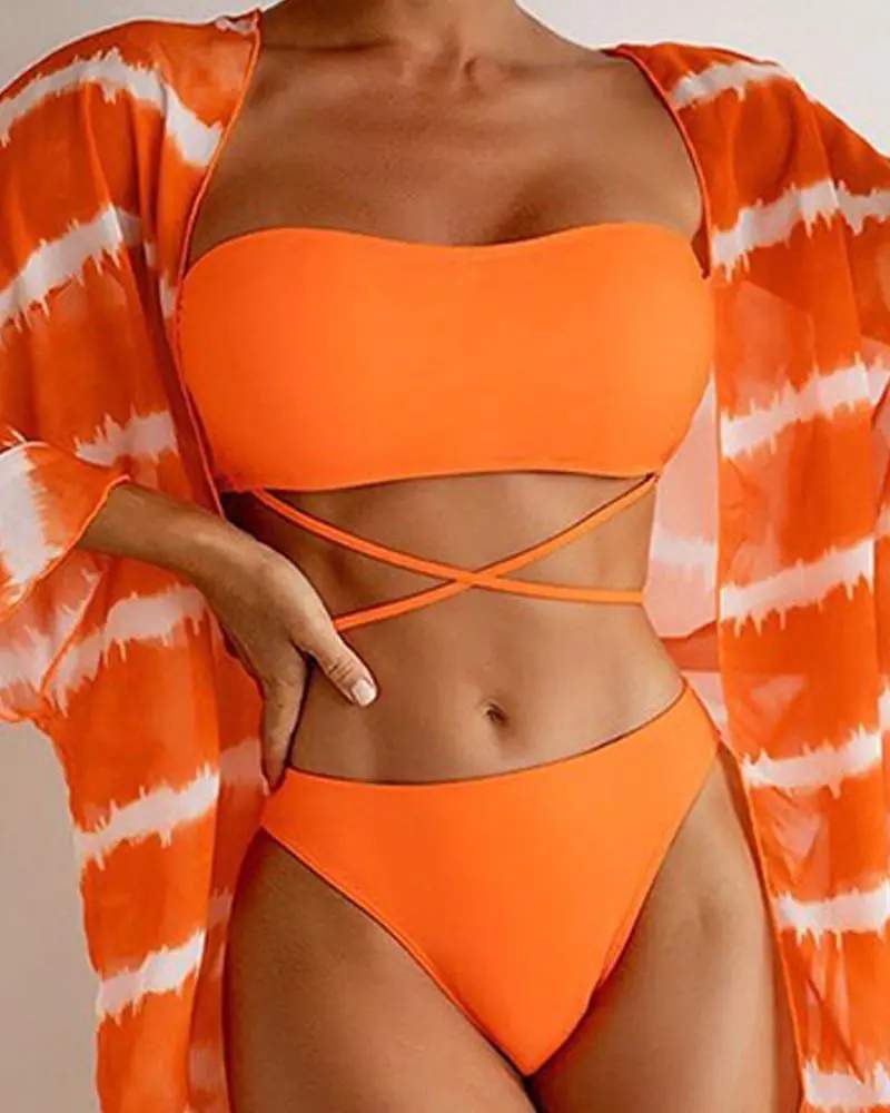 3PCS CRISSCROSS BIKINI SET WITH TIE DYE PRINT COVER UP - Missyess