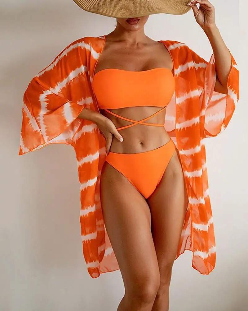 3PCS CRISSCROSS BIKINI SET WITH TIE DYE PRINT COVER UP - Missyess