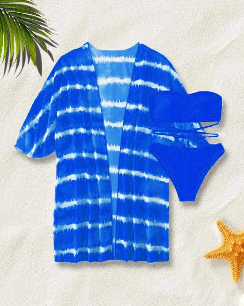 3PCS CRISSCROSS BIKINI SET WITH TIE DYE PRINT COVER UP - Missyess