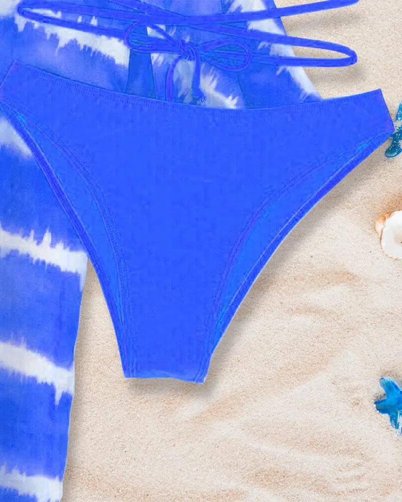 3PCS CRISSCROSS BIKINI SET WITH TIE DYE PRINT COVER UP - Missyess