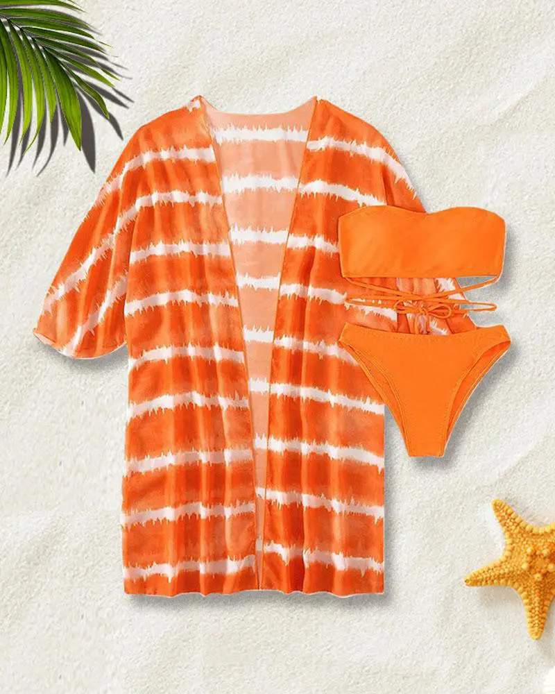 3PCS CRISSCROSS BIKINI SET WITH TIE DYE PRINT COVER UP - Missyess