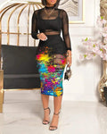 3PCS CROP TOP SHORTS SET WITH INK SPLASH SHEER MESH BODYCON DRESS - Missyess