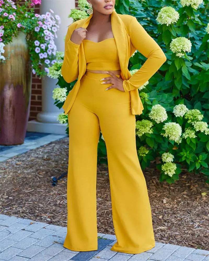 3PCS DOUBLE BREASTED BLAZER PANTS SET WITH CROP TOP - Missyess