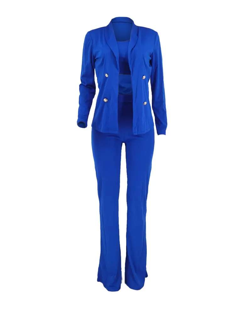 3PCS DOUBLE BREASTED BLAZER PANTS SET WITH CROP TOP - Missyess