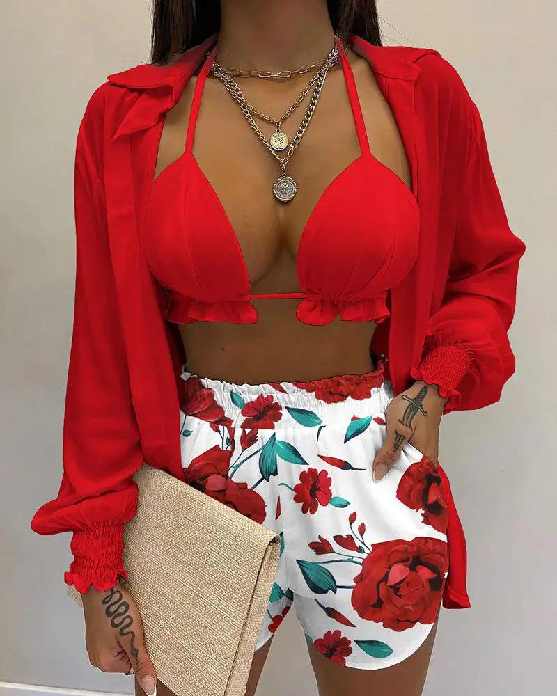 3PCS LANTERN SLEEVE SHIRT FLORAL PRINT SHORTS SET WITH CROP TOP - Missyess