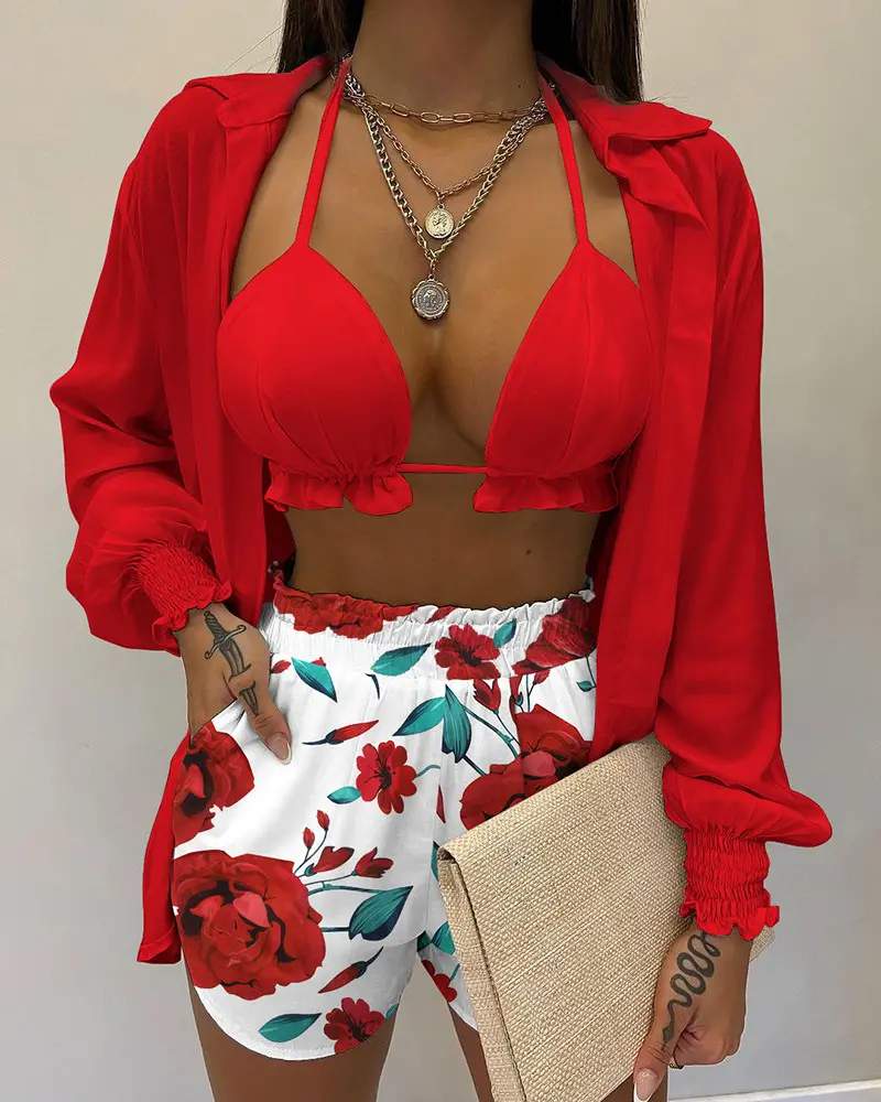 3PCS LANTERN SLEEVE SHIRT FLORAL PRINT SHORTS SET WITH CROP TOP - Missyess