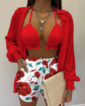 3PCS LANTERN SLEEVE SHIRT FLORAL PRINT SHORTS SET WITH CROP TOP - Missyess