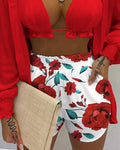 3PCS LANTERN SLEEVE SHIRT FLORAL PRINT SHORTS SET WITH CROP TOP - Missyess