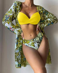 3PCS TROPICAL FLORAL PRINT CRISSCROSS BIKINI SET WITH COVER UP - Missyess
