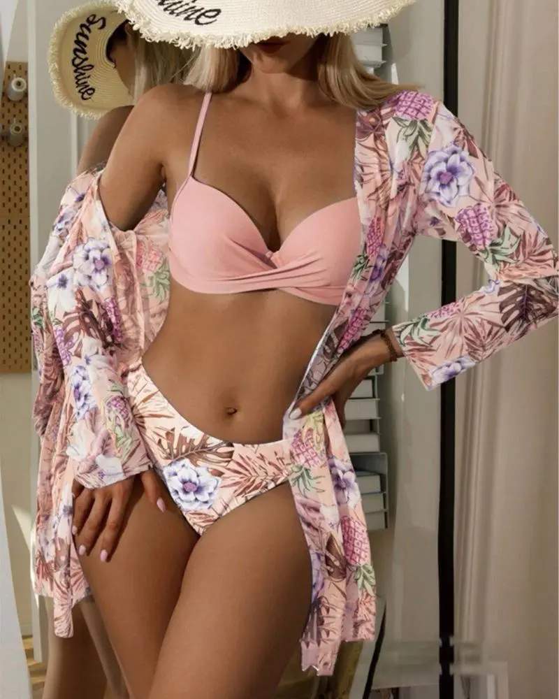3PCS TROPICAL FLORAL PRINT CRISSCROSS BIKINI SET WITH COVER UP - Missyess