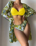 3PCS TROPICAL FLORAL PRINT CRISSCROSS BIKINI SET WITH COVER UP - Missyess