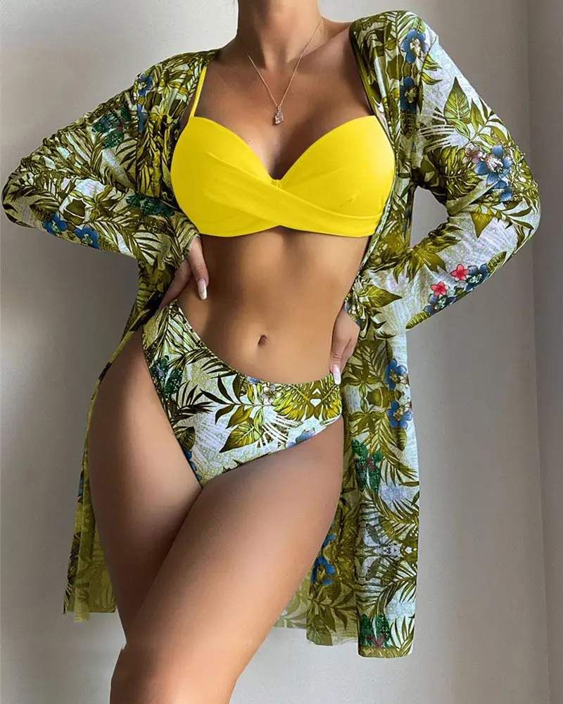 3PCS TROPICAL FLORAL PRINT CRISSCROSS BIKINI SET WITH COVER UP - Missyess