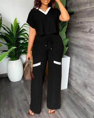 CONTRAST PANELED CROP T SHIRT HIGH WAIST PANTS SET