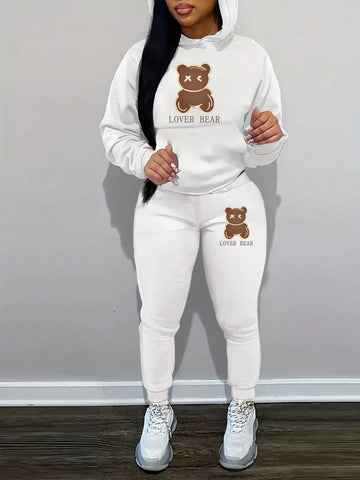 WOMEN S HOODED SWEATSHIRT AND PANTS SET WITH TEDDY BEAR AND LETTER PRINT