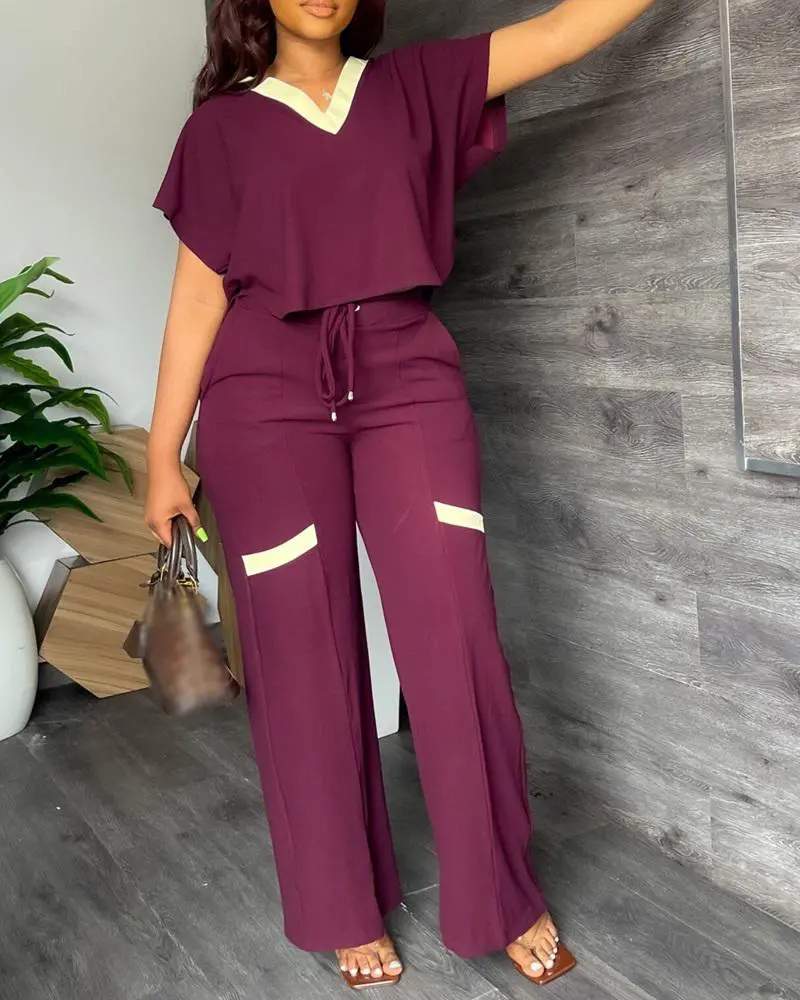 CONTRAST PANELED CROP T SHIRT HIGH WAIST PANTS SET