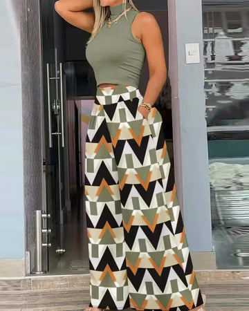 HIGH NECK SLEEVELESS TOP GEOMETRIC PRINT WIDE LEG PANTS SET