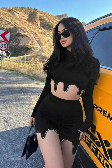 SOLID STUDDED TOP AND SKIRT SET
