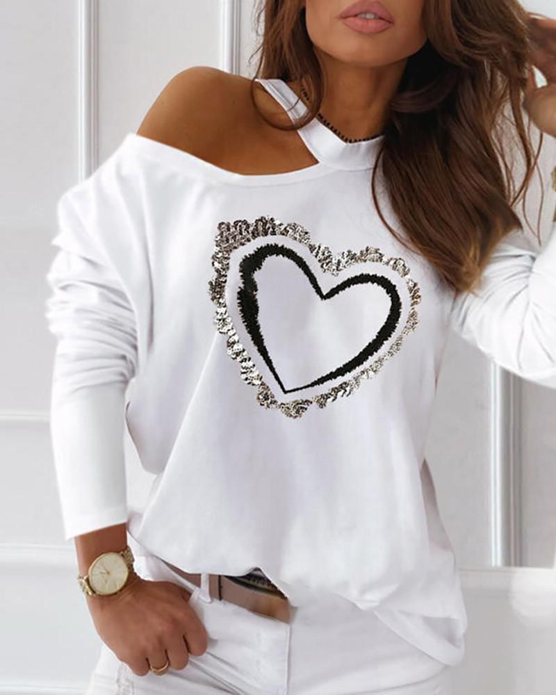 Heart Pattern Sequins Cold Shoulder Long Sleeve Top