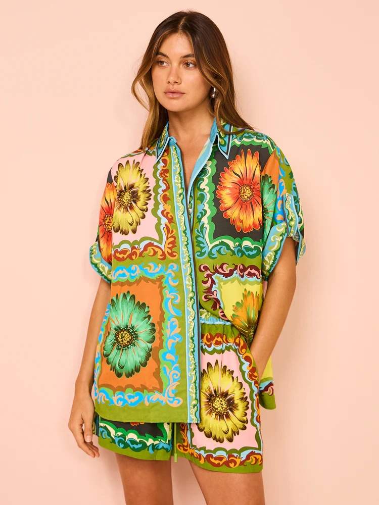LOOSE CASUAL SHORTS FASHION ALL MATCH DAISY FLOWER LINEN TWO SUIT