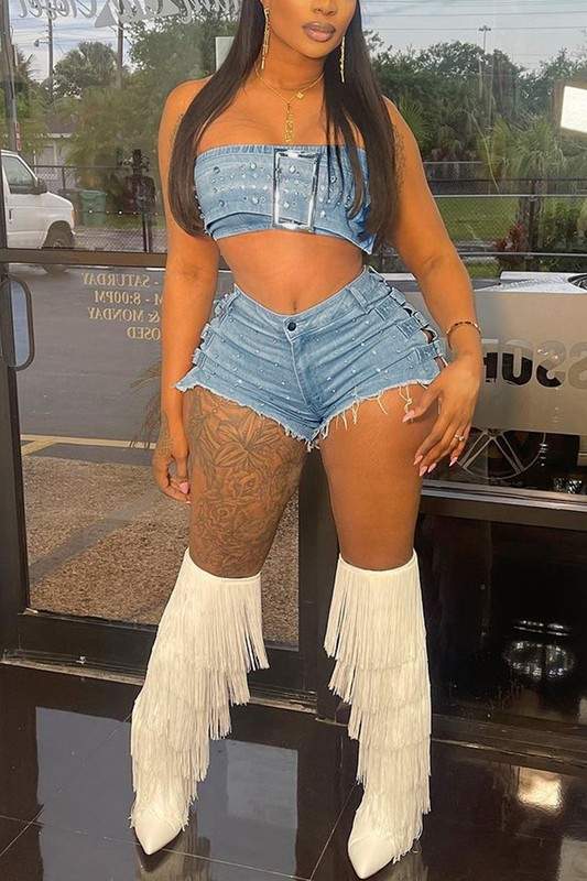 RHINESTONES TUBE DENIM TOP AND SHORTS SET