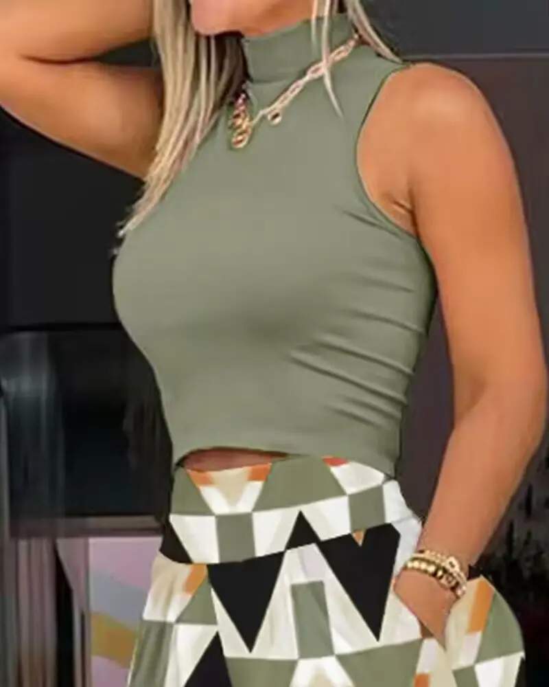 HIGH NECK SLEEVELESS TOP GEOMETRIC PRINT WIDE LEG PANTS SET
